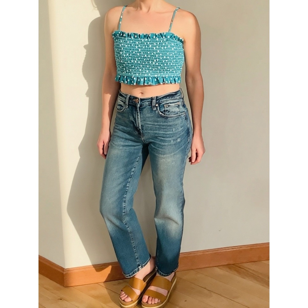 Teal Smocked Crop Cottagecore Summer‎ Fit Fairycore Spaghetti Straps Large - Picture 3 of 16